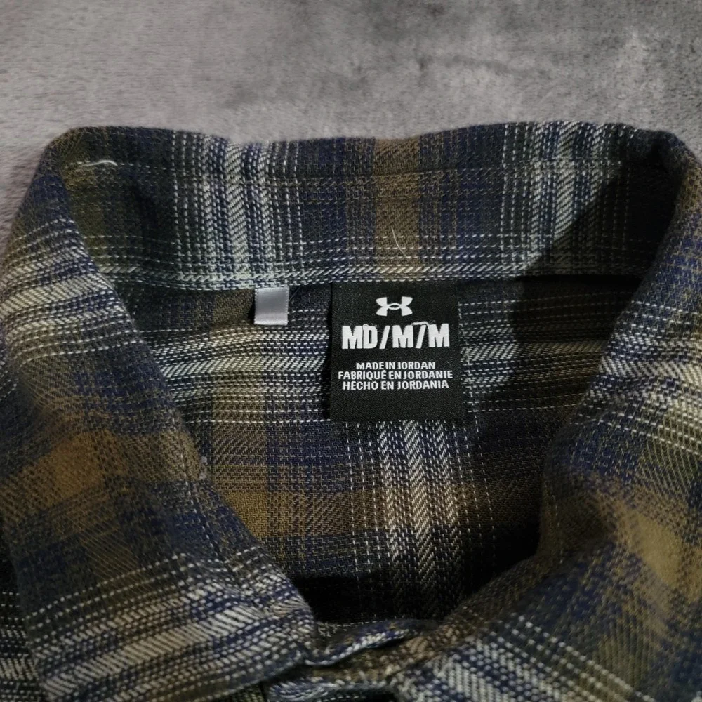 Under Armour Shirt Men Med Green Blue Plaid Tradesman Flex Flannel Snap Outdoor